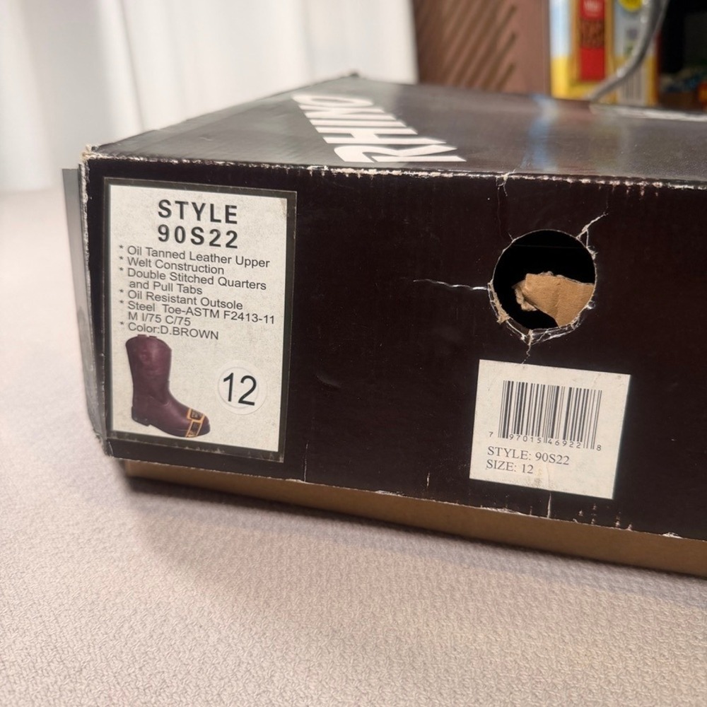 Rhino 90S22 Steel Toe Work Boots 12 Mens Dark Brown Oil Tanned Leather